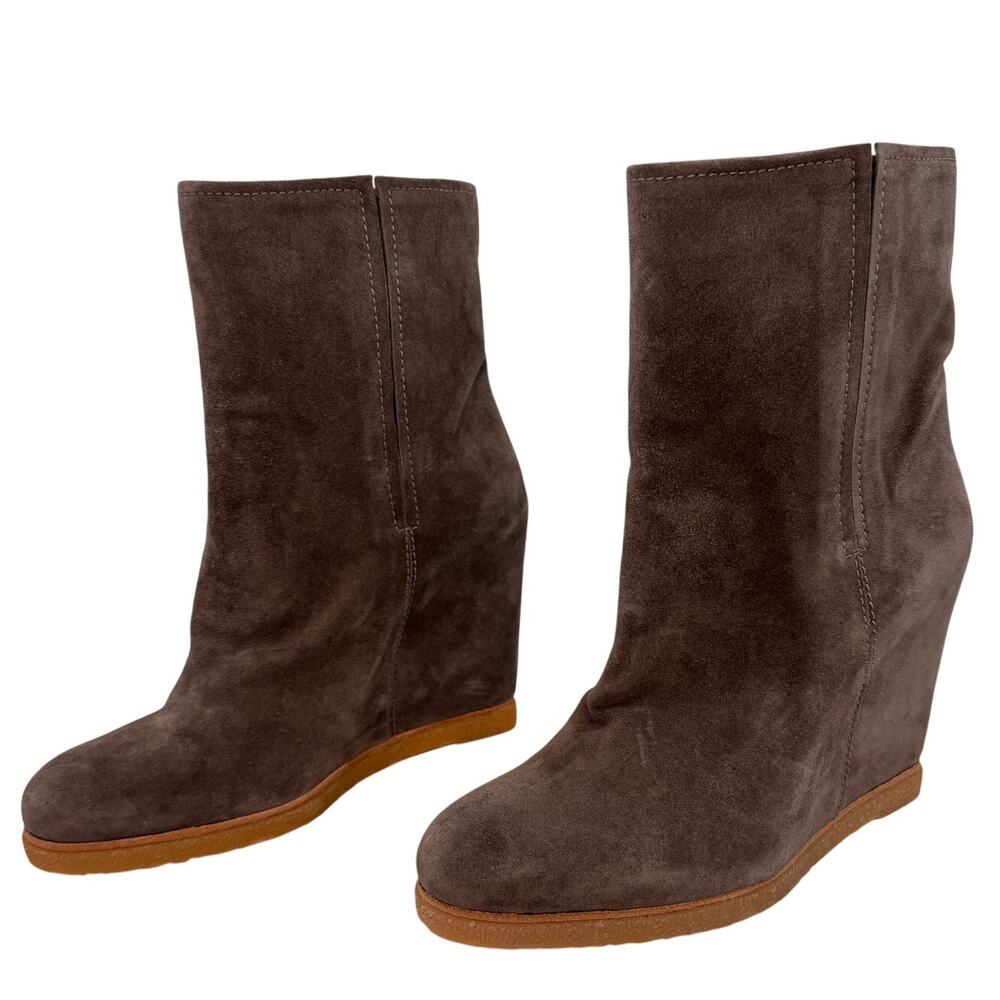 Stuart Weitzman Bootscout Ankle Boots US 9 Gray Taupe Suede Pull-On Wedge Boot